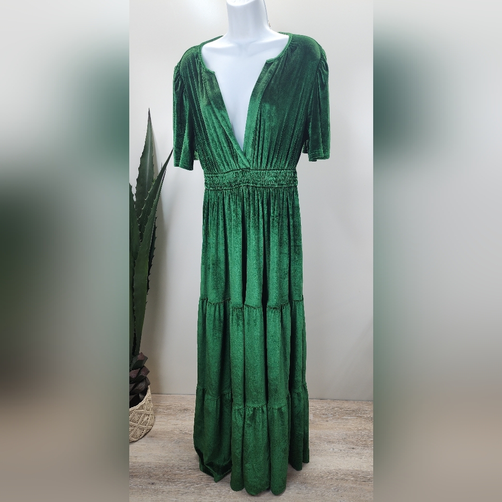 Womens Emerald Green Full Length Velvet Stretchy Flowy ALine Vneck Maxi Dress XL